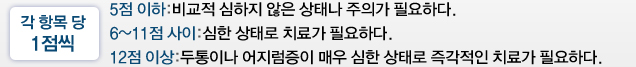 각 항목 당 1점씩, 5점 이하:비교적 심하지 않은 상태나 주의가 필요하다. 6~11점 사이:심한 상태로 치료가 필요하다. 12점 이상:두통이나 어지럼증이 매우 심한 상태로 즉각적인 치료가 필요하다.
